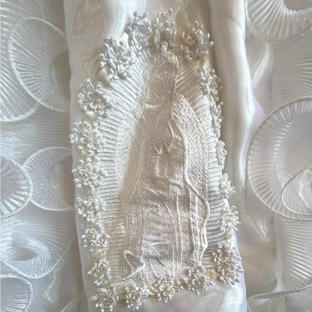 Baby 0-3 mo Alegria baptism gown w embroidered Mary. Like new cndtn.